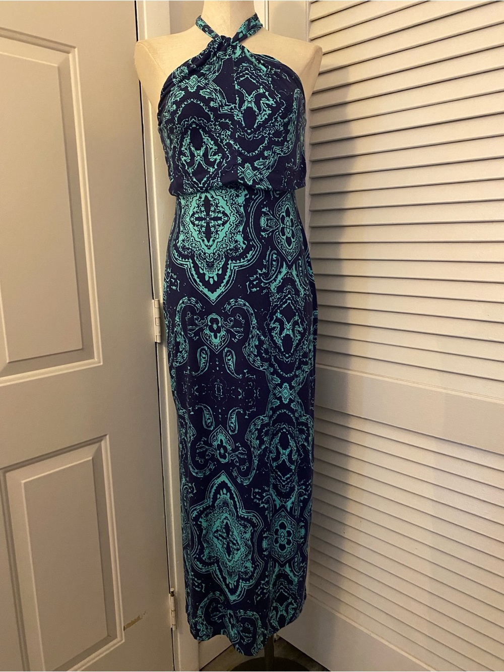 Cynthia Rowley Navy Halter Maxi with Teal Paisley Print- Size XS